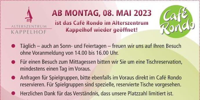 Aktuelle Informationen zu den Öffnungszeiten des Café Rondo ab Mai 2023
